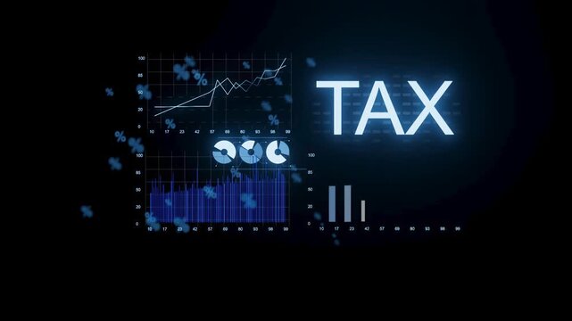 Data analysis shows tax trends and financial statistics on a digital screen in a business setting.
