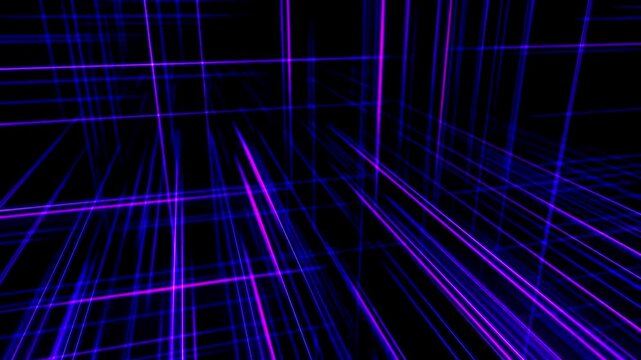 Cyberpunk grid showing a three dimensional perspective shifting cage of glowing purple neon lines on dark.