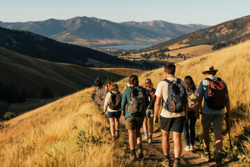 Obraz premium Group of people hike on mountain trail with backpacks. Friends walk along dry grass path in hills, enjoy sunny day outdoor adventure trip. Scenic landscape view.