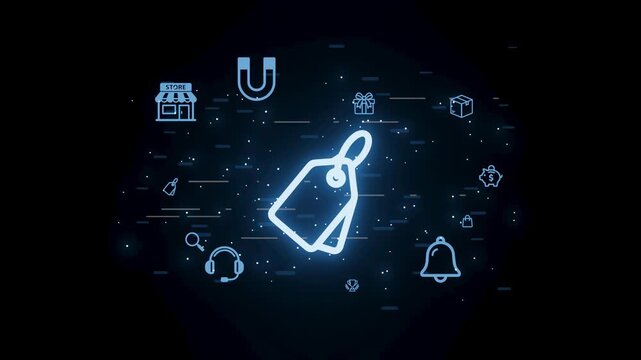 Digital sale tags show various store items in a black background with bright blue icons during a night shopping event.