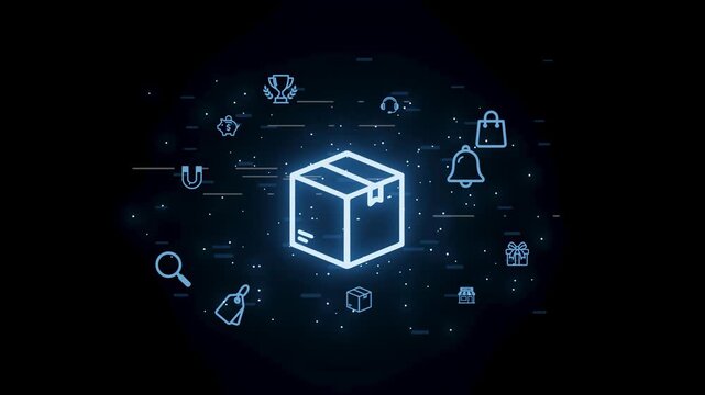 Light blue box icon in a dark space surrounded by various delivery and shopping symbols showcasing online shopping concepts.