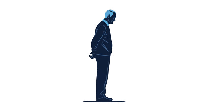 Vector illustration of a senior man standing in profile view with hands behind his back, wearing a sweater and trousers, isolated on a white background, minimalist blue tone.