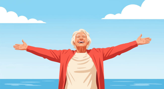 Vector illustration of a joyful senior woman with white hair and a red jacket standing on a beach with her arms wide open looking up at a blue sky with clouds over the ocean.