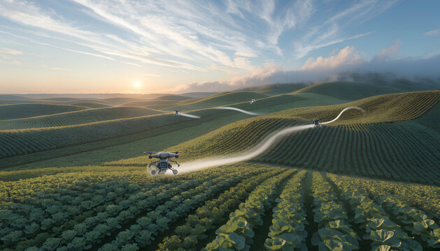 Futuristic smart farming landscape with autonomous agricultural drones monitoring crop health at sunset.