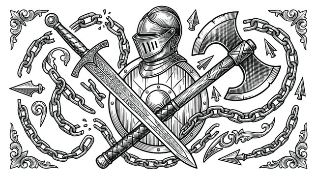 Medieval knight helmet with crossed swords ornate vector emblem illustration.