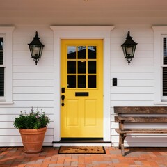 Obraz premium Bright yellow front door on white house with two black lanterns. Potted plant and wooden bench flank the entryway. Red brick pathway leads to home.
