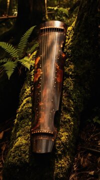 Antique guqin rests on moss covered tree trunk in forest. Ferns and dappled light create serene natural backdrop for traditional chinese zither. This musical instrument evokes timeless elegance.