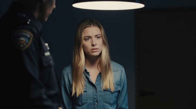 Woman in blue shirt questioned by police officer in interrogation room. Law enforcement official talks to suspect after crime. Serious mood, dim lighting. Crime investigation scene indoors.