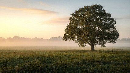 Fototapeta premium Solitary Tree in Misty Field at Sunrise with Warm Sky
