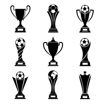 Set of nine black soccer trophy icons with ball silhouettes on white background for sports award