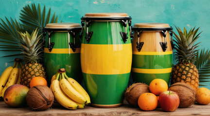 Obraz premium Conga drums in green and yellow stand near pineapples bananas oranges mangoes and coconuts. Tropical fruits and percussion instruments symbolize Jamaican culture and celebration.
