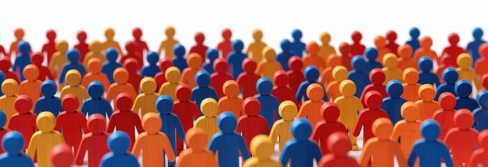 Obraz premium Group of colorful figures represent diverse people in audience. Crowd gather, show unity, team spirit. Different colored characters stand close together in a mass.