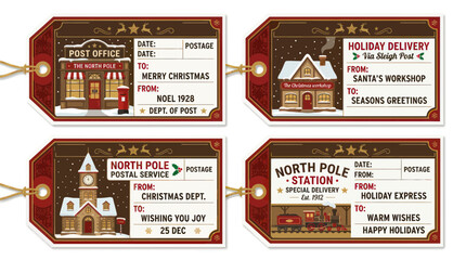 Christmas Gift Tags with Vintage Post Office and Santa's Workshop Designs © nia