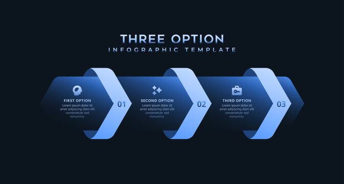 Dark infographic template with 3 step workflow diagram, modern business presentation layout, data visualization graphics, strategy planning elements and analytics reporting design. minimal style pack.