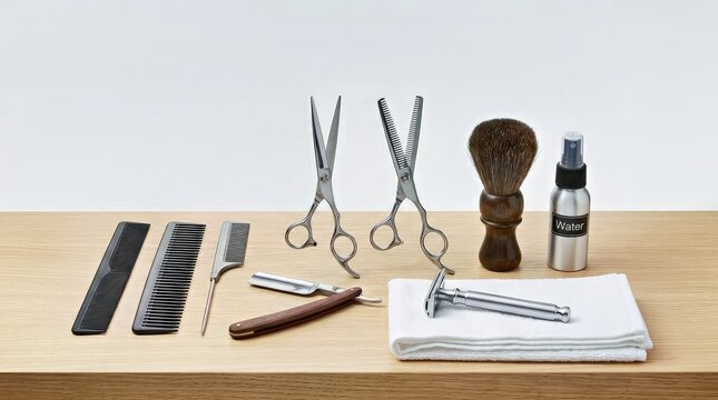 Barber Grooming Tools Including Scissors Combs Razor Brush and Spray Bottle on Wooden Surface
