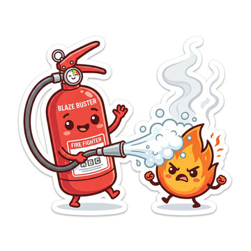 emotion vector of a fire extinguisher extinguishing an angry little fire. in sticker style