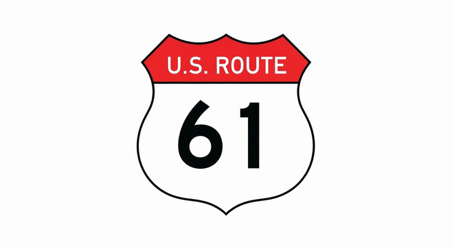 Classic U.S. Route 61 highway shield sign, iconic white and red design, featuring bold black numbers, vector graphic representation for travel and Americana themes.