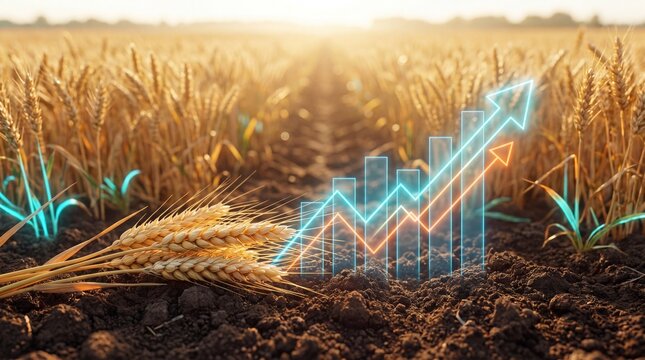 Bundle of ripe wheat on sunset soil with a glowing upward graph displaying rising grain price trends