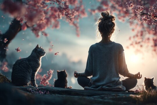 A tranquil park meditation scene with cats in full bloom. Mount
