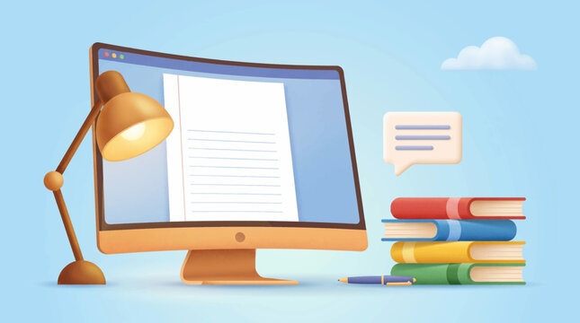 A computer monitor displays a document next to a stack of colorful books and a desk lamp on a blue background with a speech bubble.