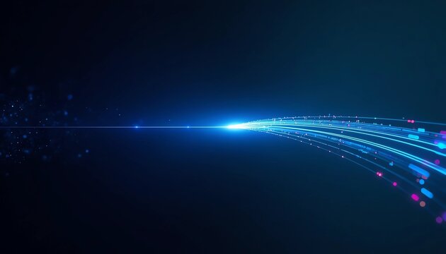Futuristic Big Data Flow and Neural Network Visualization with Glowing Blue Light Lines, Binary Code, Colorful Nodes, and Digital Fiber Optic Energy Core for Technology and AI Concepts.