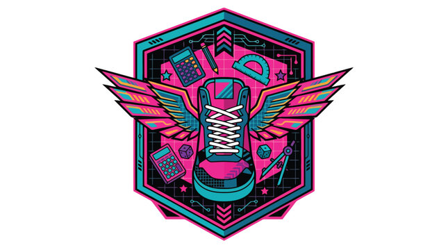 Neon cyber robot head emblem with wings octagon badge vector.