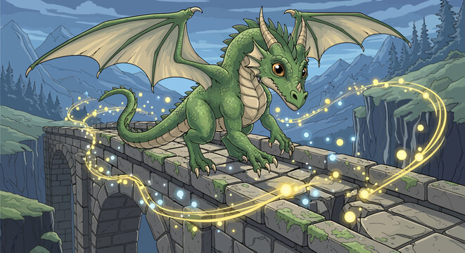Green dragon on a bridge.