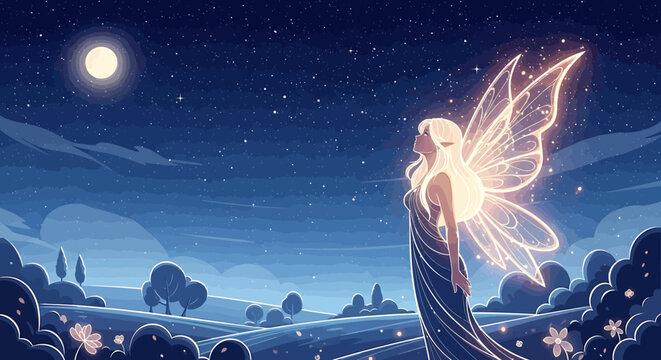 Glowing fairy with luminous wings flying.