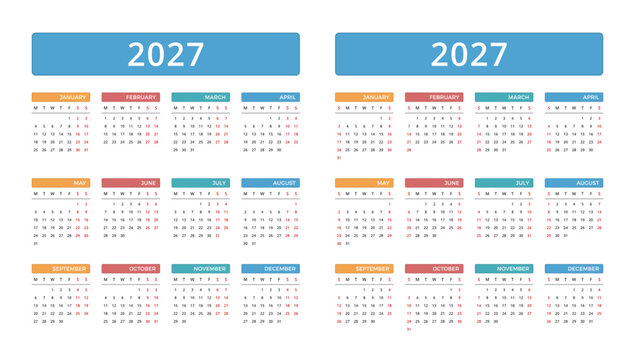 2027 yearly calendar templates featuring both Monday-start and Sunday-start layouts. Clean and organized design with all twelve months displayed on a single page
