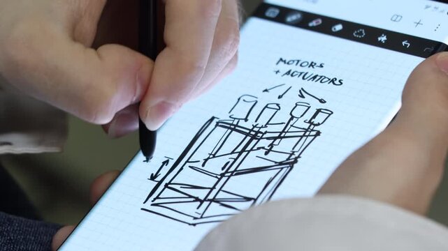 Scientist drawing digital technical sketches on phone screen near industrial machine