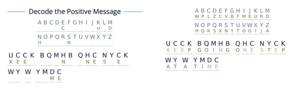 Decode the positive message alphabet decoder puzzle educational illustration