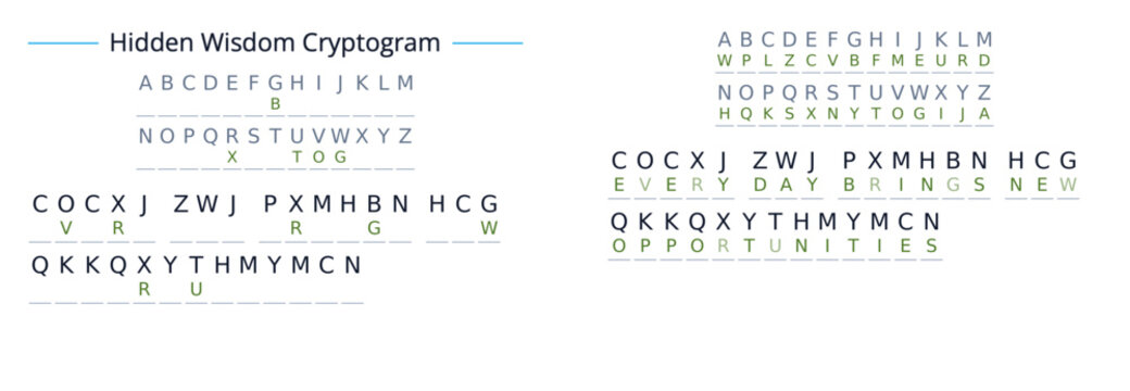 Hidden wisdom cryptogram alphabet decoder puzzle educational illustration