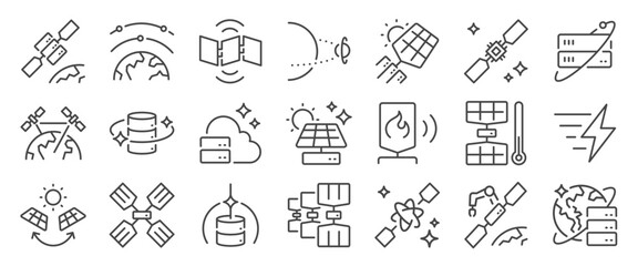 Fototapeta premium Space data center icon set. It includes orbital computing, server, cooling system, satellite, database, and more icons. Editable Vector Stroke.