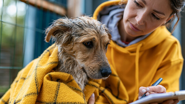 Volunteer inspecting signs of animal cruelty while carefully holding a neglected dog wrapped in a blanket serious compassionate photorealistic scene