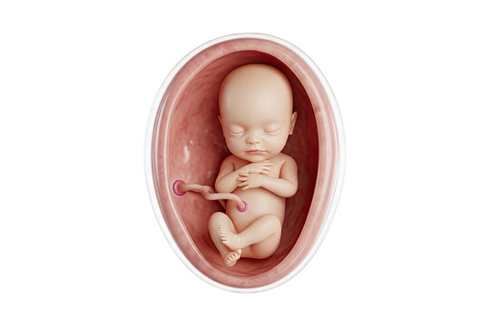 Model of a human fetus inside a womb illustrating pregnancy and development with pregnancy development gestation motherhood maternity healthcare education reproduction isolated
