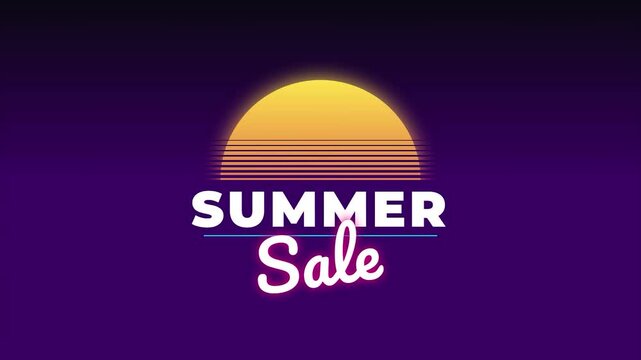 Retro synthwave summer sale text animation with glowing sunset