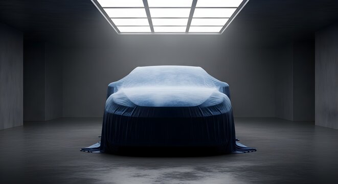 Sleek new automobile model shrouded in secrecy, awaiting its grand public reveal within an atmospheric, contemporary display environment