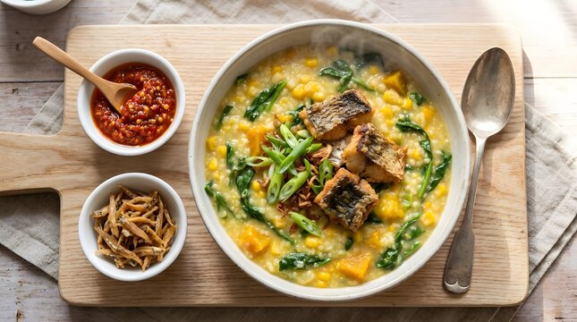 "Nutritious Manadonese vegetable porridge garnished with crispy fried fish and sambal reflecting rich cultural gastronomy and healthy lifestyle"