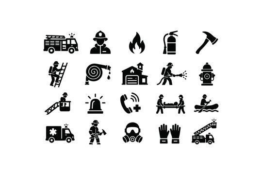 Black firefighter icons set including truck, fireman, fire, tools and rescue Vector