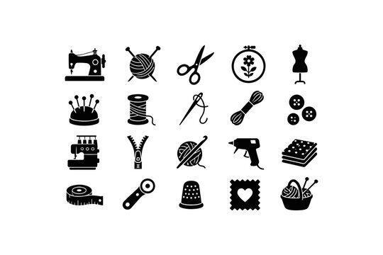 Black and white sewing icons set including sewing machine, scissors, yarn, buttons Vector