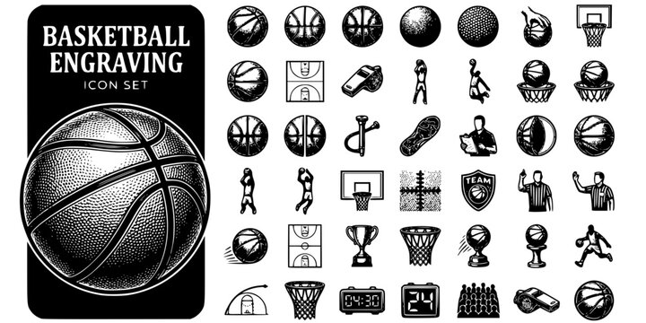 Basketball Engraving Black White-Panel Seam Leather Texture Groove-Ball Detail Vector-Ball Icon Engraving-Basketball Design Set