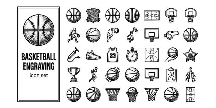Basketball Engraving Black White-Panel Seam Leather Texture Groove-Ball Detail Vector-Ball Icon Engraving-Basketball Design Set