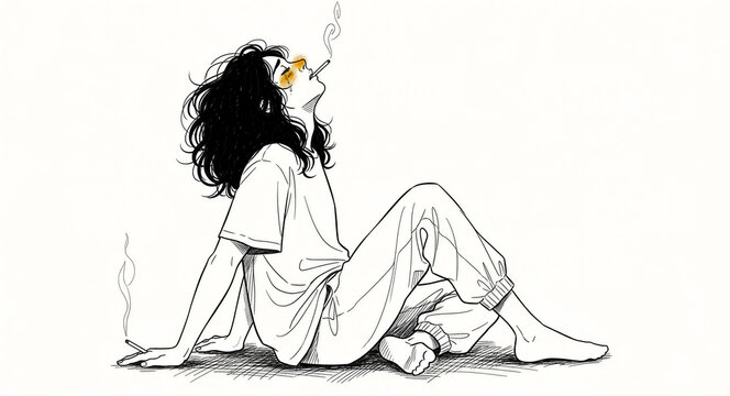 Minimalist line art of a person sitting and smoking cigarettes. The sketch features a melancholic character with an exhausted expression. Mental health and solitude concept for urban lifestyle themes.