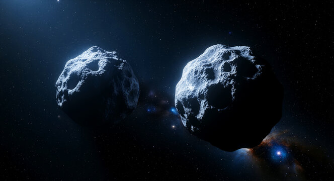Two large cratered asteroids floating in deep outer space. Detailed rocky textures are illuminated against a backdrop of stars and nebulae. Astronomy concept for science and cinematic visuals.