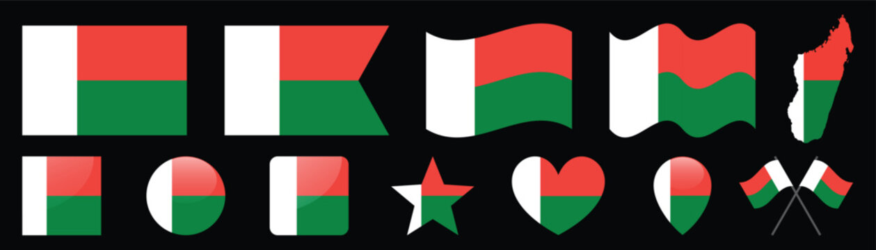 madagascar flag vector set, malagasy national flags in various shapes and forms, country symbol collection.