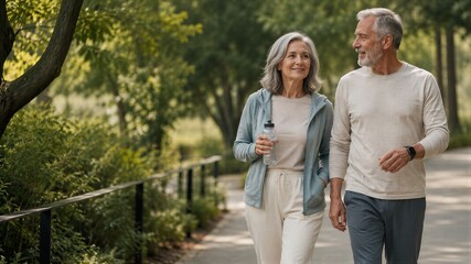 Fototapeta premium Senior woman and man walking in park to improve health. Active couple practicing physical exercise to manage diabetes. Healthy lifestyle, wellness and fitness for aging mature people