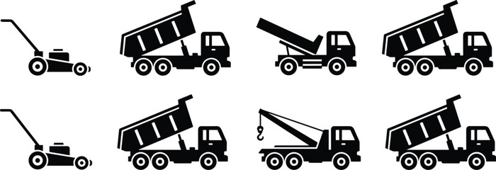 Construction Equipment Silhouette Collection Featuring Dump Trucks Crane Truck and Lawn Mower Industrial Vehicle Set © Mitu