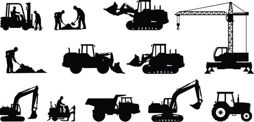 Construction Equipment Silhouette Collection Featuring Excavators Bulldozers Cranes Forklifts Dump Trucks and Industrial Machinery © Mitu