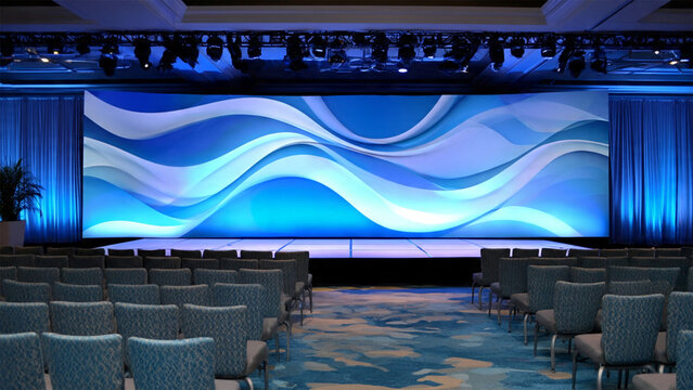 Modern Conference Hall Stage with Large Blue LED Screen and Rows of Empty Seating for Corporate Event