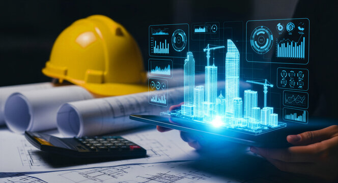 Engineer holding tablet with 3D city hologram over blueprints. Architect using digital twin technology for urban planning. Smart city concept for construction technology and engineering marketing.